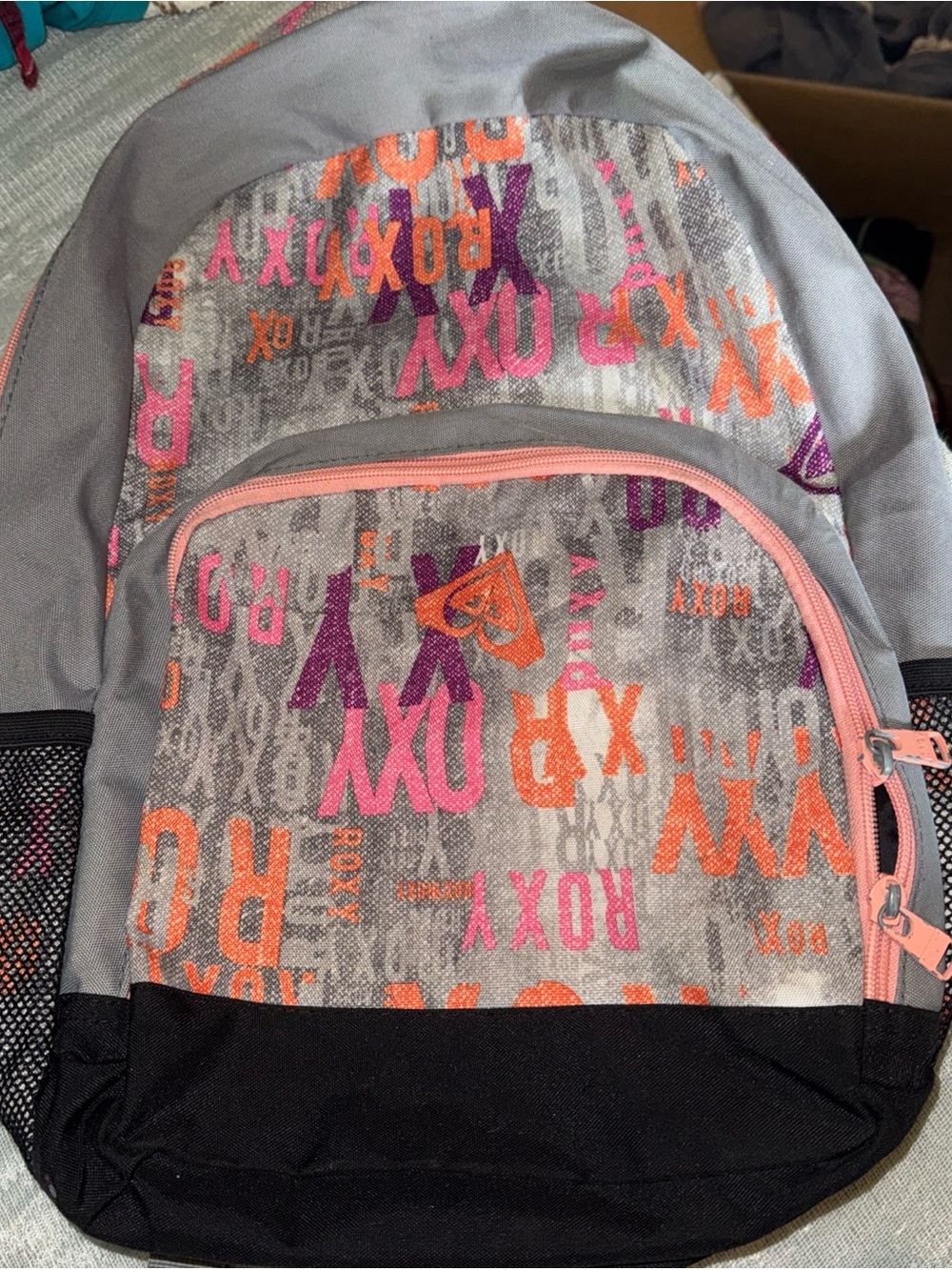 Roxy Gray Backpack with Pink and Orange Logo Print